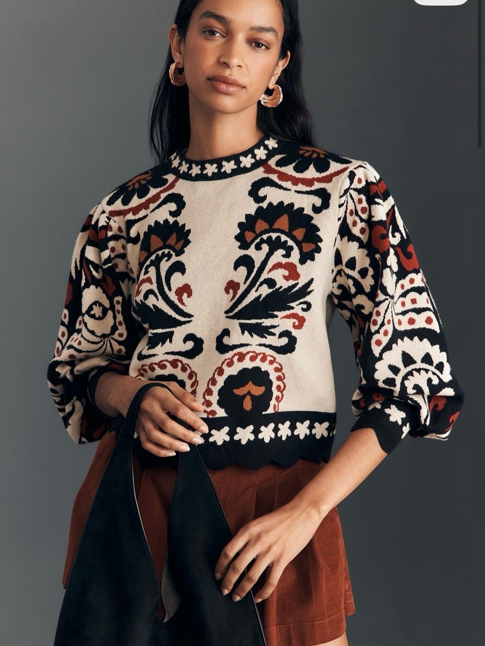 Farm Rio Winter Tapestry Puff-Sleeve Sweater with voluminous sleeves, size M.